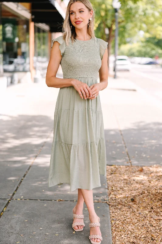 Midi dresses with mesh inserts for a trendy and breathable option Learn To Love Olive Green Smocked Midi Dress Midi dresses with mesh inserts for a trendy and breathable option Learn To Love Olive Green Smocked Midi Dress