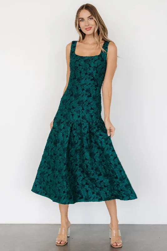 Midi dresses with gathered skirts for a full and flowing silhouette Merial Embossed Dress | Dark Green Midi dresses with gathered skirts for a full and flowing silhouette Merial Embossed Dress | Dark Green