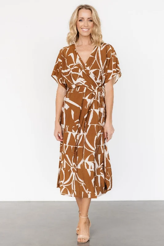 Midi dresses with lace - up fronts for a unique and adjustable style Fantino Faux Wrap Dress | Brown Print