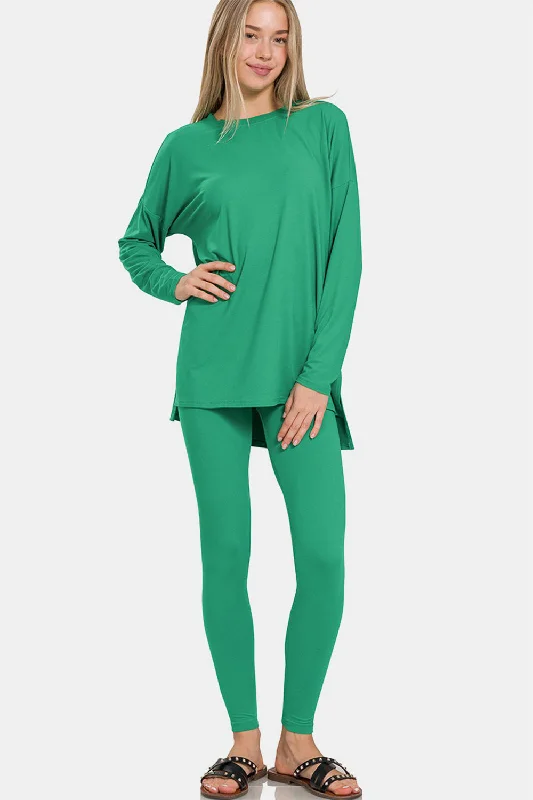 Zenana Buttery Soft Top and Leggings Lounge Set Kelly Green