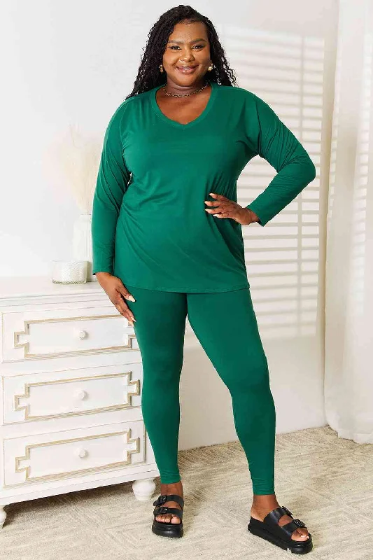 Zenana Lazy Days Long Sleeve Top and Leggings Set Dark Green