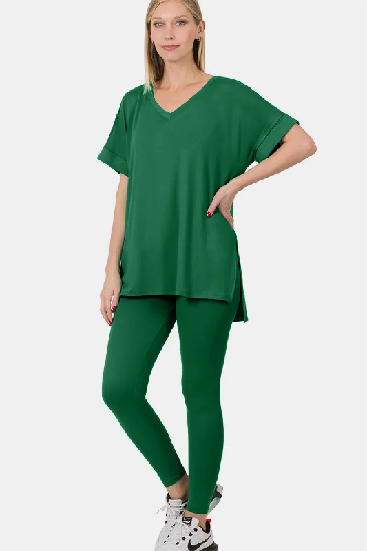 Zenana Buttery Soft V-Neck Rolled Short Sleeve T-Shirt and Leggings Lounge Set Dk Green