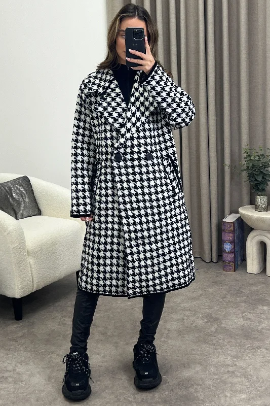 Beatrice Black and White Houndstooth Print Button Up Longline Knit Coat