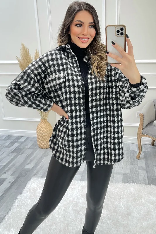 Reni Black and White Houndstooth Knitted Oversized Shacket