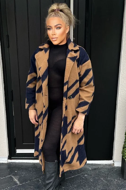 Tonya Blue and Camel Dogtooth Knitted Longline Coat