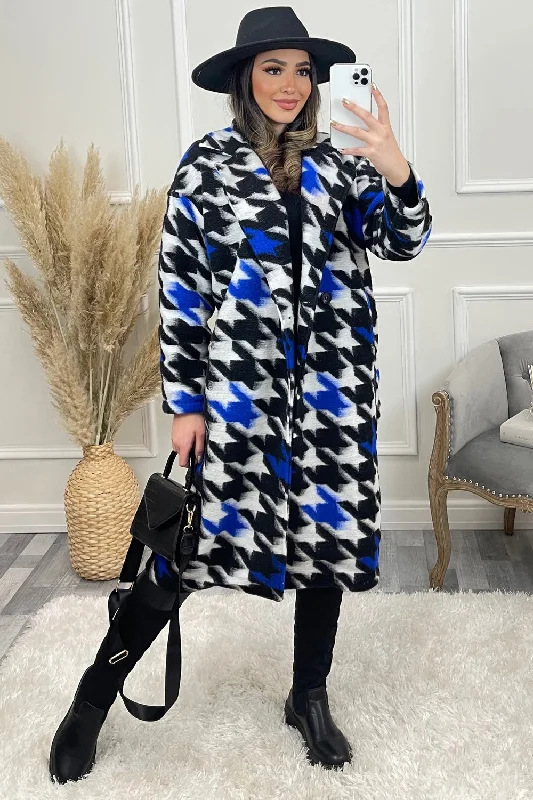 Mai Blue and White Multi Dogtooth Print Knitted Longline Coat