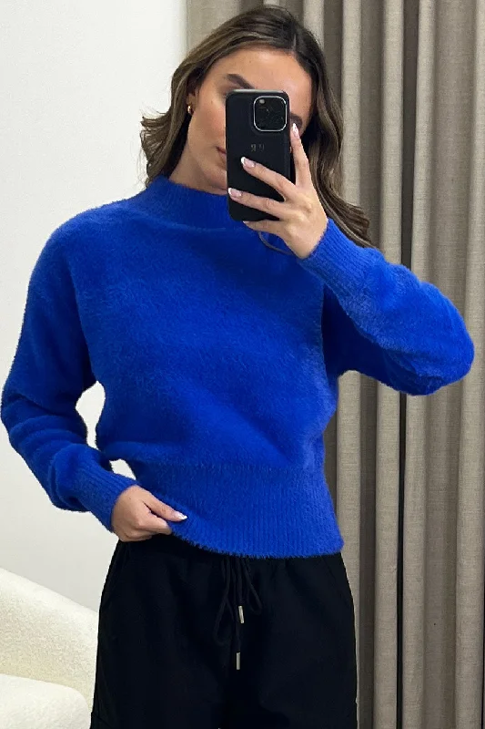 Carie Blue Faux Fur High Neck Knit Jumper