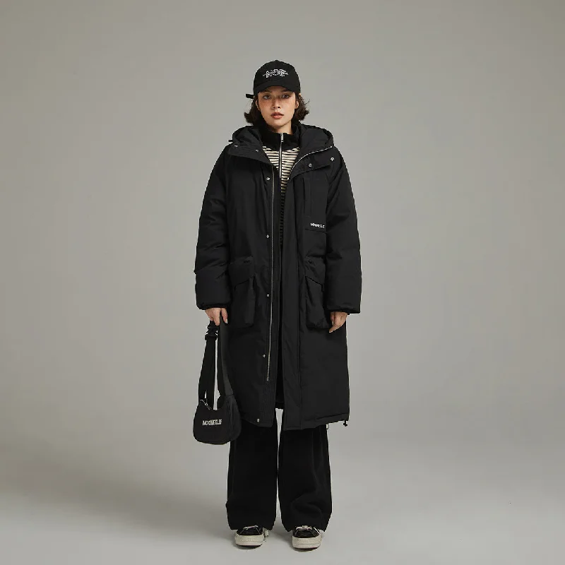 Hooded Logo Pocket Long Padded Coat