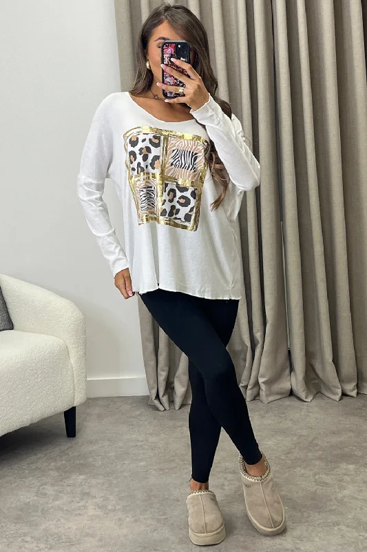 Erina White Gold Foil Leopard Print Knitted Oversized Top