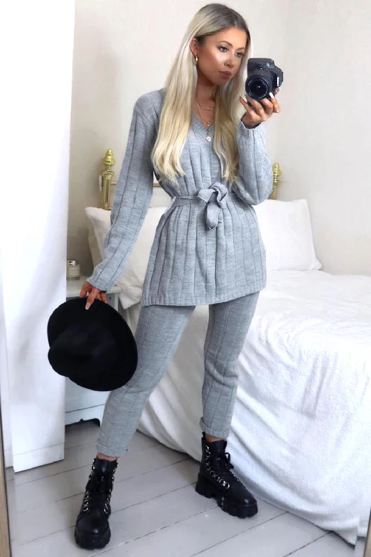 Grey Knitted Ribbed Belted Loungewear Set