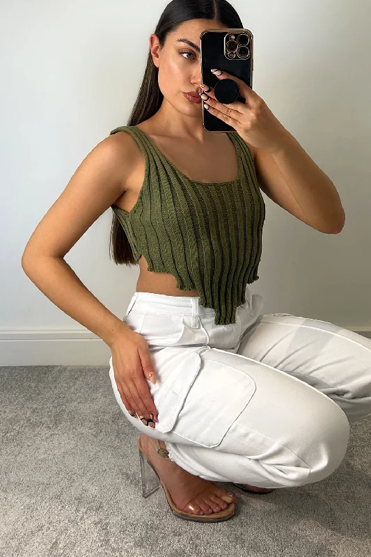 Imogen Khaki Distressed Hem Knit Crop Top