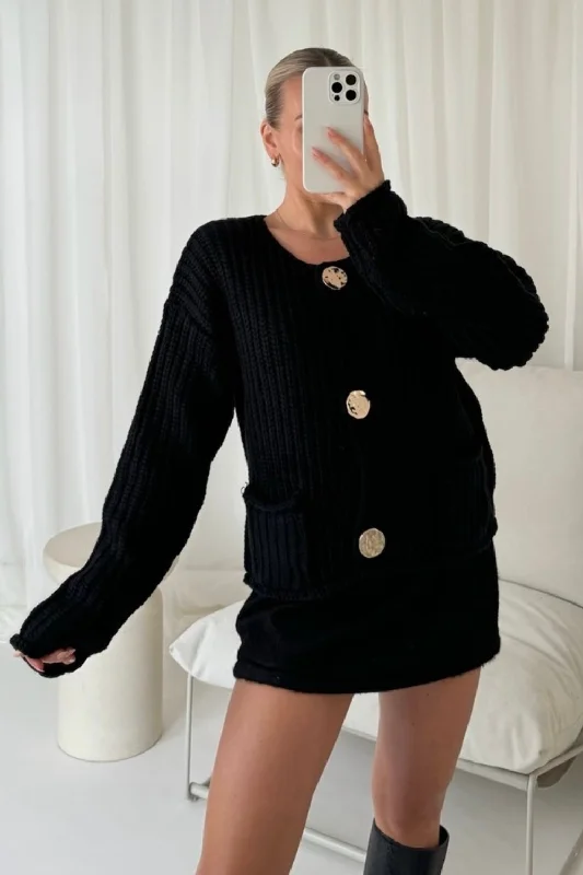 Kelly black gold button knit cardigan