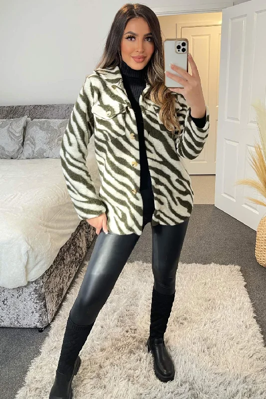 Louise Khaki and White Zebra Print Knitted Oversized Shacket