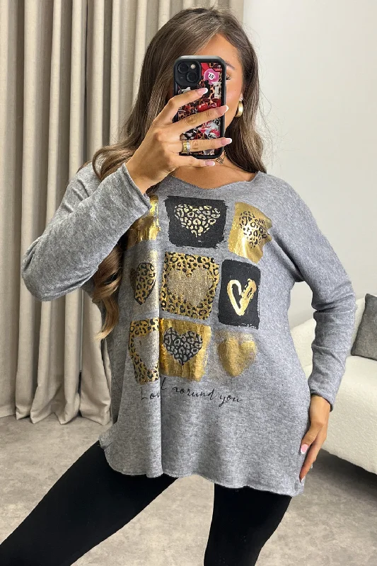 Laurelle Grey Leopard Print Heart Slogan Knitted Oversized Top