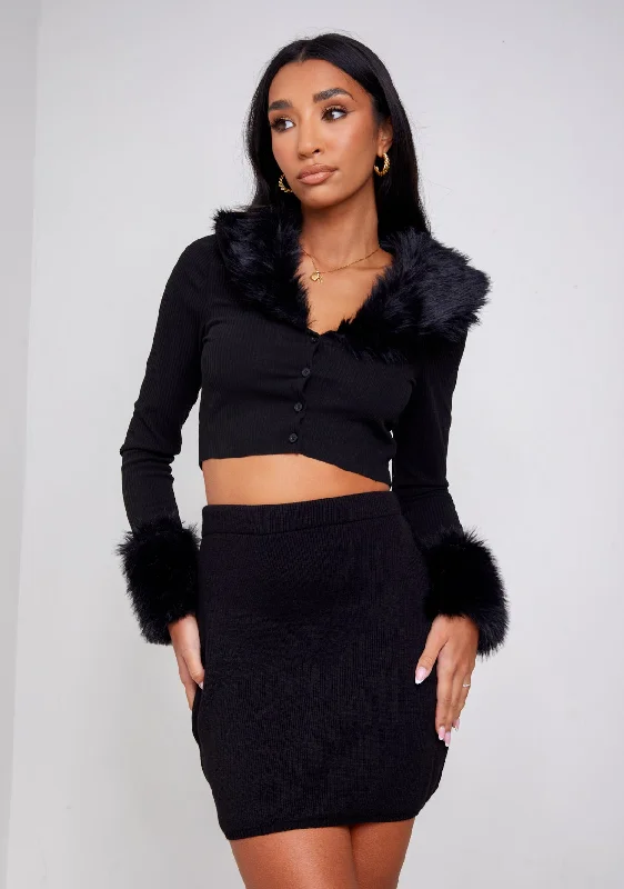 Libby Black Faux Fur Trim Crop Cardigan