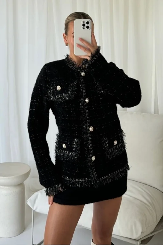 Maura black knit tweed look cardigan