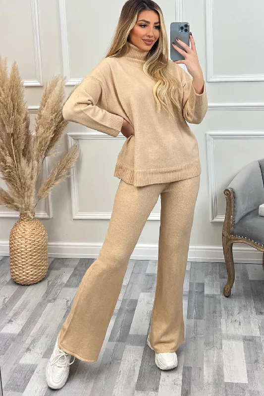 Mina Beige Roll Neck Jumper and Trouser Knitted Loungewear Set