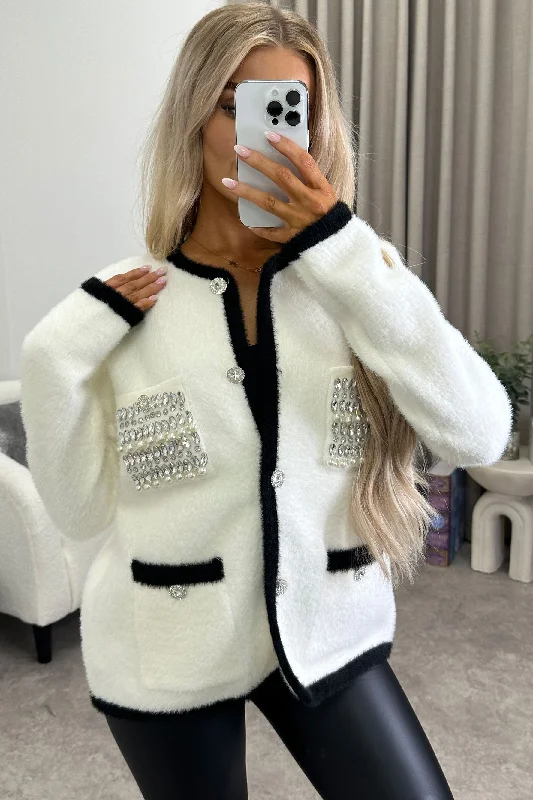 Moara Cream Contrast Trim Embellished Fluffy Knitted Cardigan