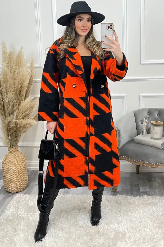 Orange and Black Dogtooth Knitted Longline Coat