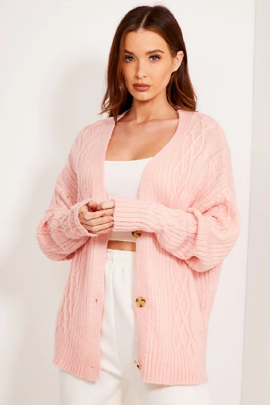 Pink Cable Knit Button Up Cardigan