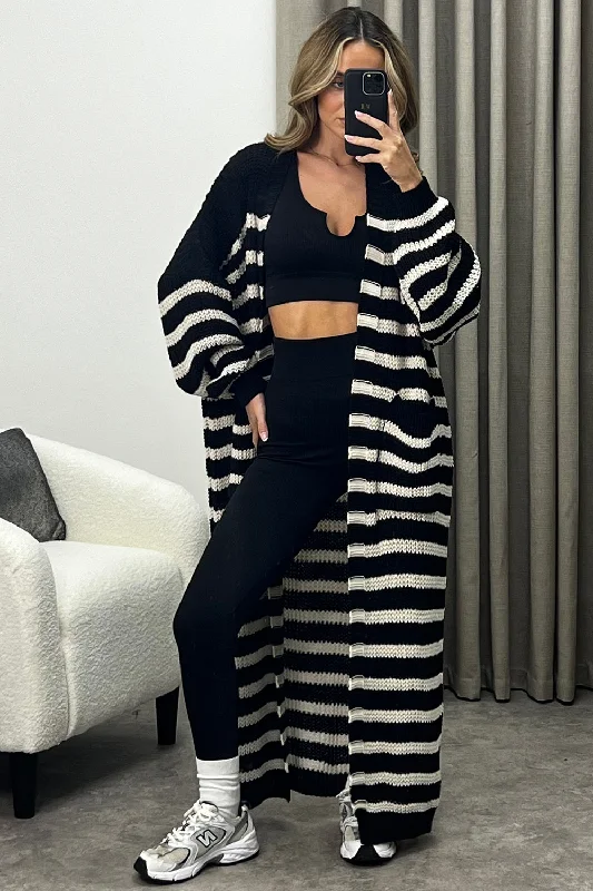 Preta Black and Beige Stripe Maxi Knitted Cardigan