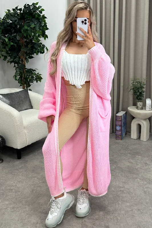 Rachelle Pink Contrast Trim Balloon Sleeve Maxi Knitted Cardigan