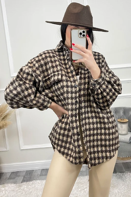 Reni Brown and Beige Houndstooth Knitted Oversized Shacket