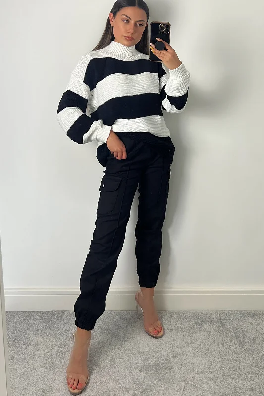 Selina Black and White Stripe High Neck Knit Jumper