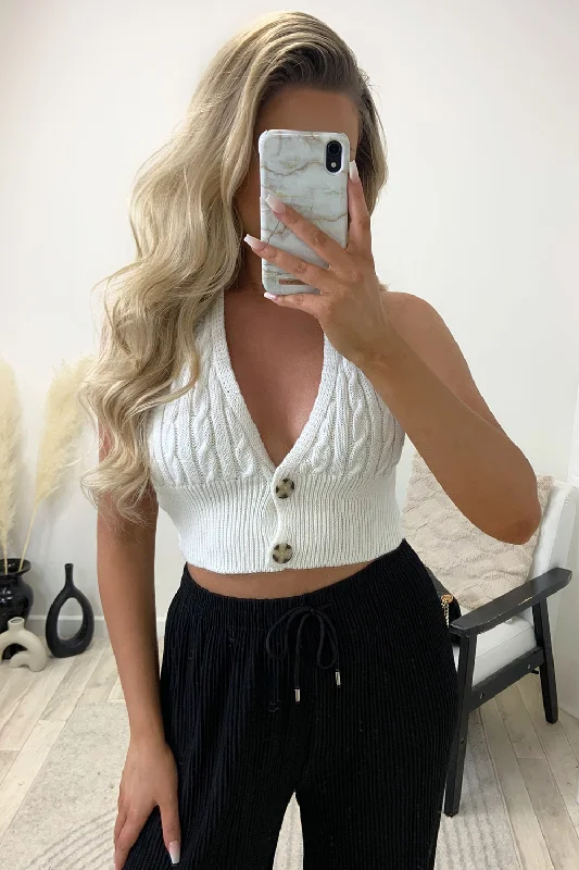 Shakira Cream Halter Neck Plunge Sleeveless Button Up Knit Crop Top