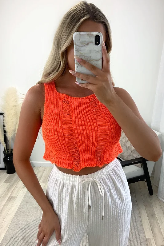 Shanice Neon Orange Distressed Knit Crop Top