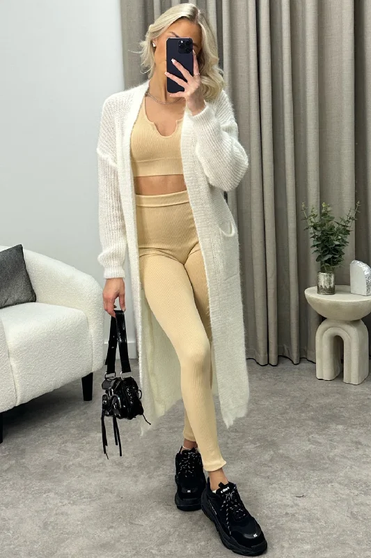 Sohni Cream Fluffy Longline Knitted Cardigan