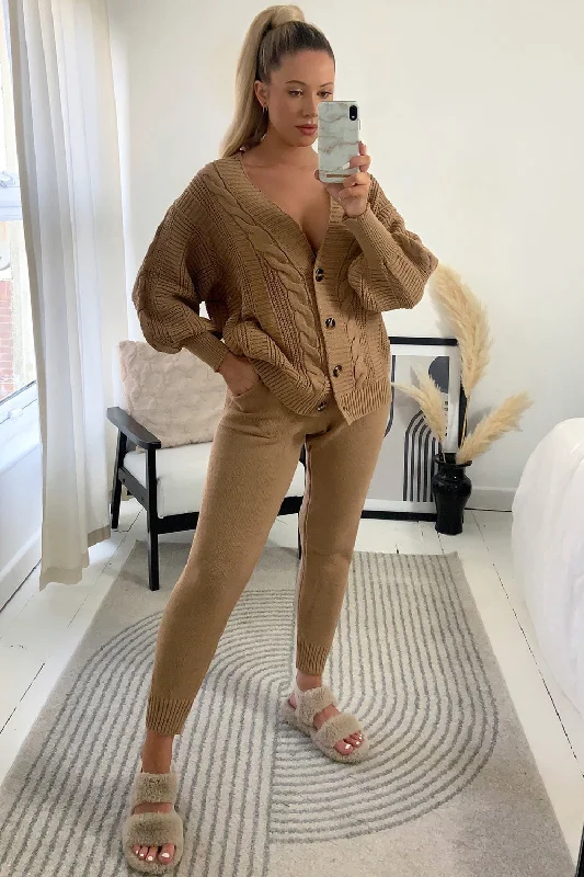 Steph Camel Cable Knit Cardigan and Joggers Co-Ord Set