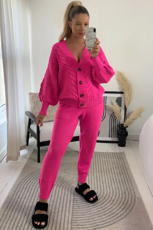 Steph Hot Pink Cable Knit Cardigan and Joggers Co-Ord Set