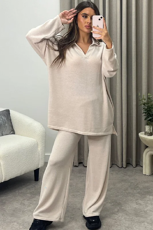 Tinah Beige V neck Collared Top and Trousers Knit Loungewear Set