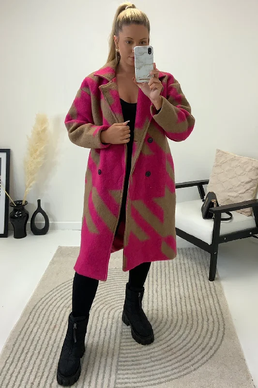 Tonya Pink and Camel Dogtooth Knitted Longline Coat