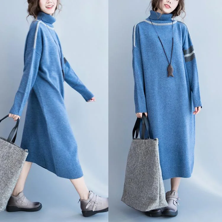 Blue Loose Sweater Dress Oversized Knit Maxi Dress Knitted Caftan Turtle Neck