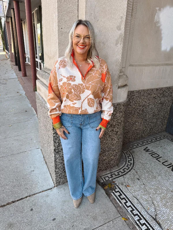 Orange and Taupe Floral Mix Sweater