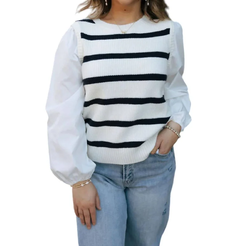 Puff Sleeve Striped Sweater In White/black