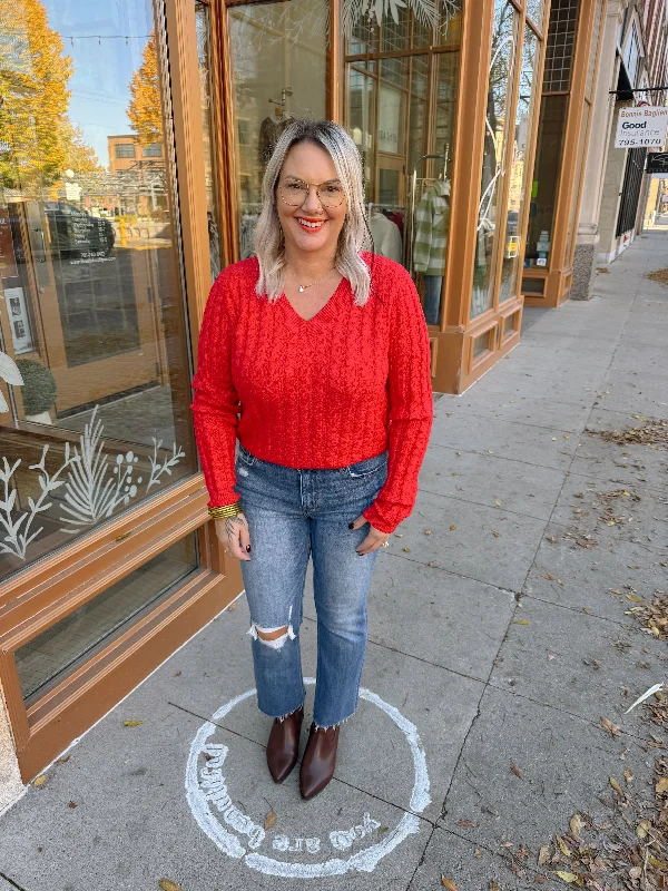 Red Classic V Cable Knit Sweater