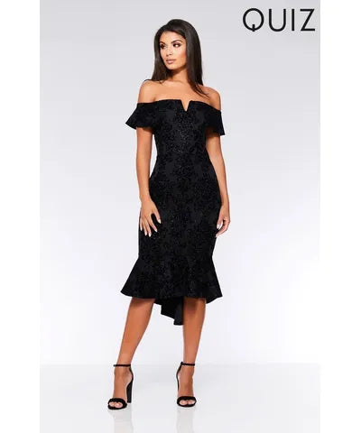 Black Bardot Frill Midi Dress