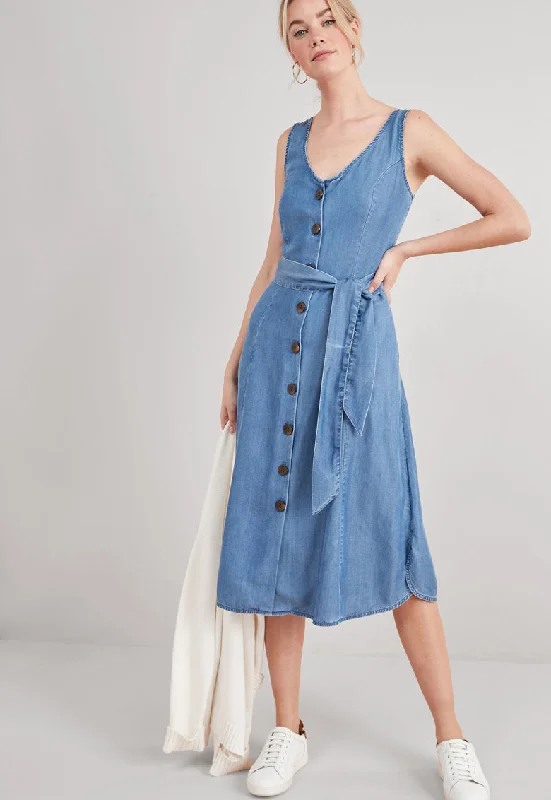 Blue Lyocell Belted Button Down Dress