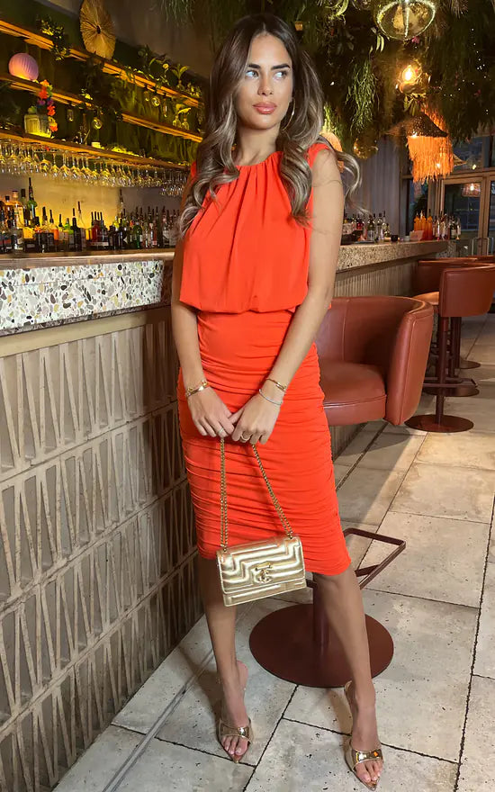 Burnt Orange Ruched Skirt Bodycon Midi Dress