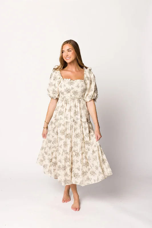 Elena 100% Cotton Toile Print Smocked Midi Dress in Ivory