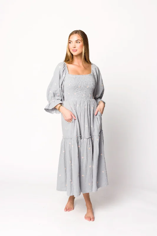 Evie Floral Maxi in Steel Blue - Bump Friendly