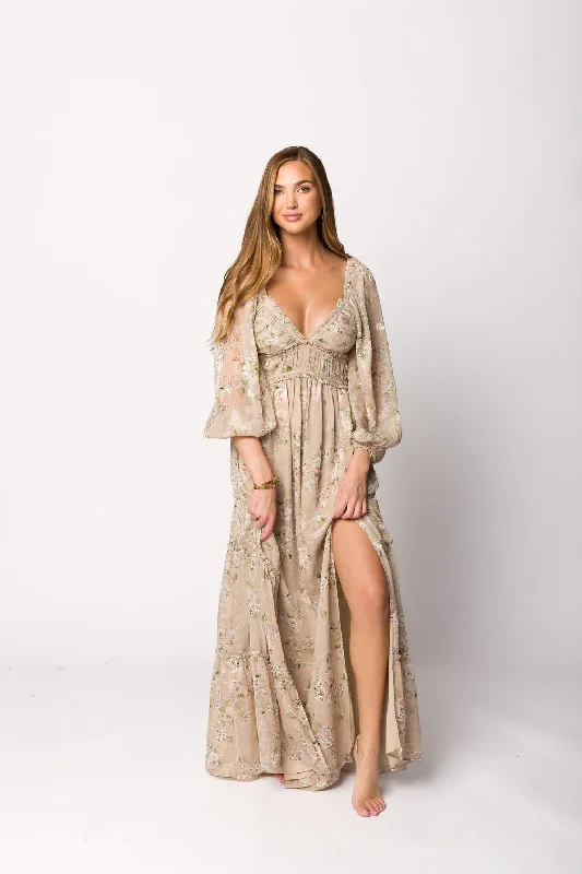 Daphne Long Sleeve Maxi Dress in Beige Multi Floral - Bump Friendly & Inclusive Sizing (XS-3XL)