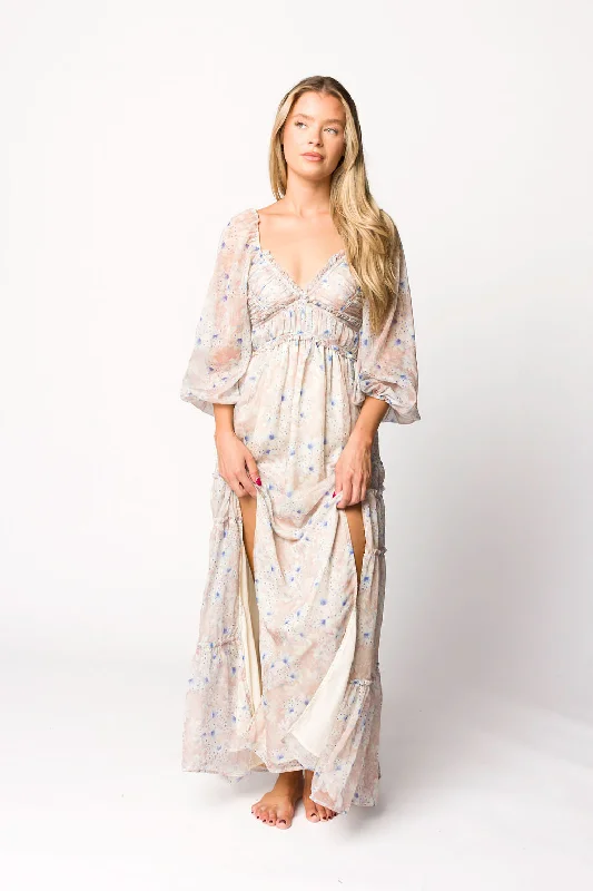 Daphne Long Sleeve Maxi Dress in Beige/Blue Floral - Bump Friendly & Inclusive Sizing (XS-3XL)