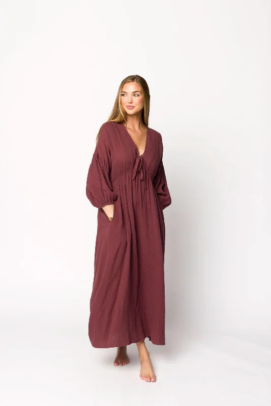 Hunter 100% Cotton Gauze Midi Dress in Redwood (Plum) (Low Stock)