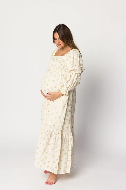 Emerson Smocked Gauze Maxi Dress with Long Sleeves in Natural