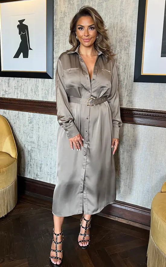 Taupe Satin Belted 3/4 Sleeve Gold Buttons Shirt Midi Dress