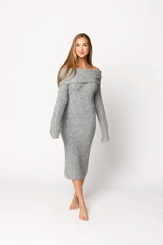 Beth Off-the-Shoulder Sweater Midi Dress in Heather Grey